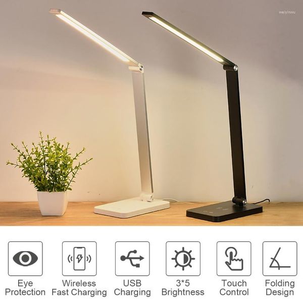 Lampade da tavolo Smart Wireless Charging LED Eye Protection Desk Lamp Tri-Color Dimmerabile Touch orizzontale Apprendimento della luce notturna in lega di alluminio