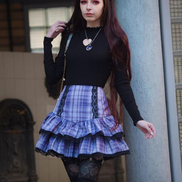 Saias Gótico Y2K Harajuku Menina Doce Renda Xadrez Cintura Alta Saia Plissada Bonito Bolo Lolita Mini Roupas Femininas