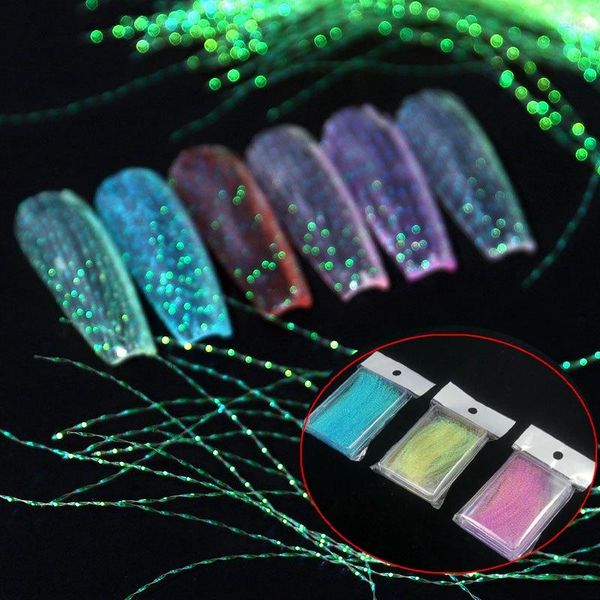 Nagelkunst-Dekorationen, 1 Box, fluoreszierende Verlängerungsfaser, Streifenlinien, Nägel, Faden, laserfarbene Seidenornamente, DIY-Dekor, Maniküre-Zubehör