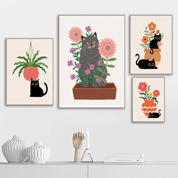 Moderne lustige Katzen Leinwand Malerei schwarze Katze und Blume Poster und Drucke Wandbilder für Wohnzimmer Küche Home Dekoration w06