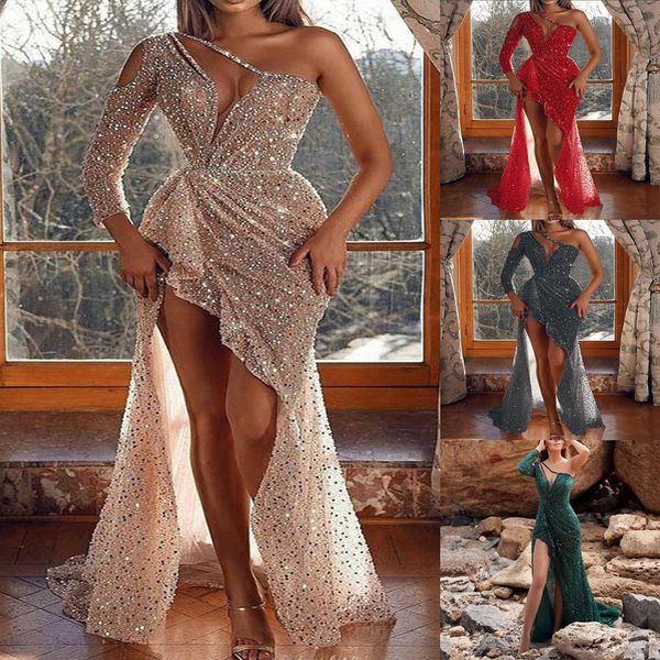 Kleid für Damen, Damenbekleidung, kurzärmelige Kleider, sexy, goldfarbenes One-Shoulder-Partykleid, Wickel-Hüftkleid, neue Socialite-Party, sexy, hohes, volles Kleid in Partyqualität