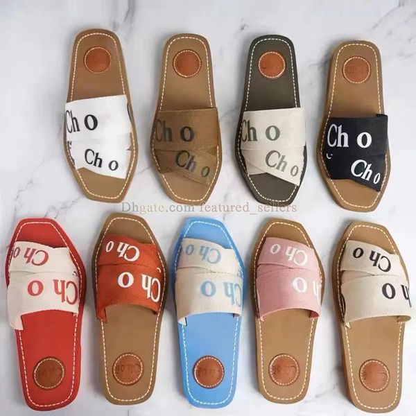 2023 Designer Canvas Chinelos Designer Mulheres Sapatilhas Woody Mules Sandálias Planas Slides De Borracha Branco Preto Sail Bordeaux Lace Lettering Tecido Interior Casa Chinelo