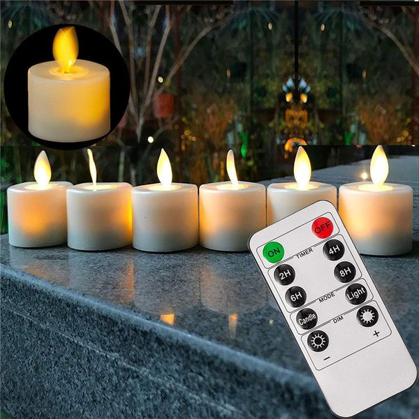 Pacote de 6 ou 12 velas com controle remoto decorativo pavio móvel dança sem chama chama votiva tealight com temporizador 230725