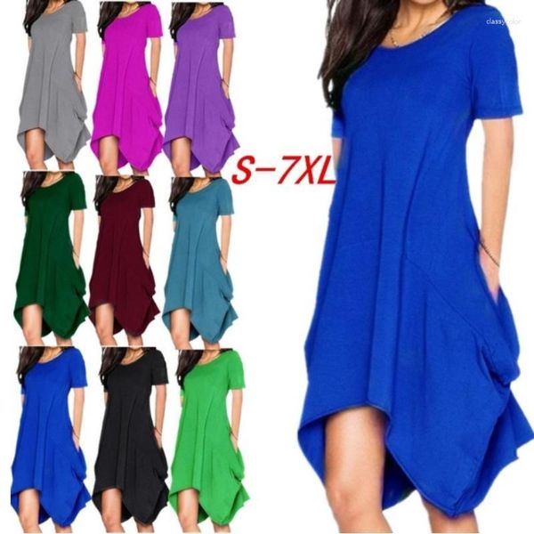 Sıradan Elbiseler Kadınlar Düzensiz Sundress Düz Renk O yakalı Kısa Kollu Midi Vestidos Plaj Moda Moda Yaz Kadın Artı Beden M-7XL