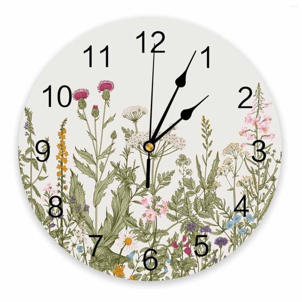 Настенные часы сажают цветы листья ретро -декоративные круглое часы арабские цифры дизайн без тикания спальни ванная комната большая