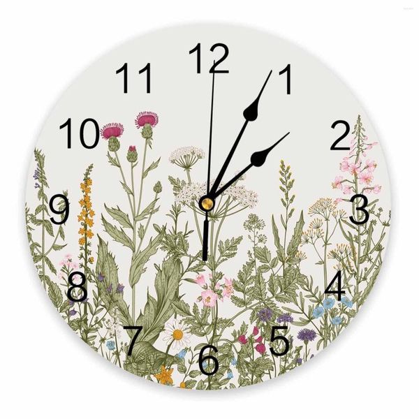 Wanduhren, Pflanzen, Blumen, Blätter, Retro, dekorativ, runde Uhr, arabische Ziffern, Design, nicht tickend, Schlafzimmer, Badezimmer, groß