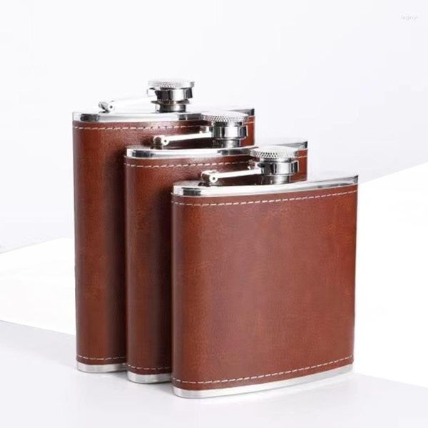 Frascos de quadril 6-8oz Frasco de bolso de luxo coberto de couro marrom pequeno aço inoxidável para presente de uísque portátil para álcool