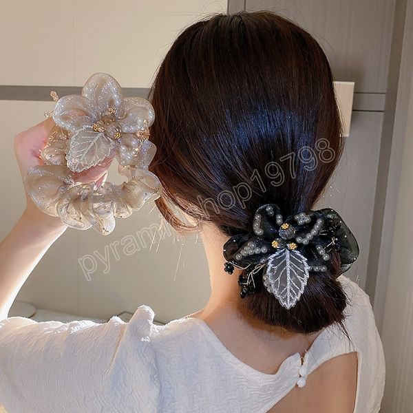 Faixas de cabelo elásticas de organza com flor de pérola Corda de cabelo de cristal para rabo de cavalo feminino Acessórios