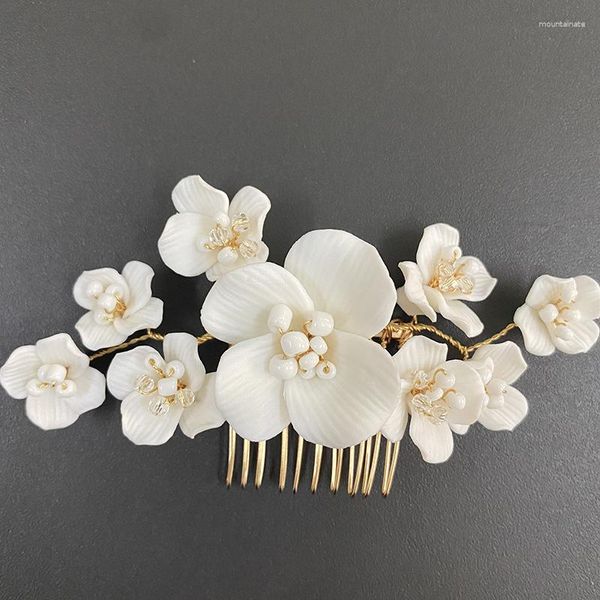 Grampos de cabelo de cerâmica branca flor pentes acessórios de jóias de casamento feitos à mão feminino miçangas ornamento tiara pente