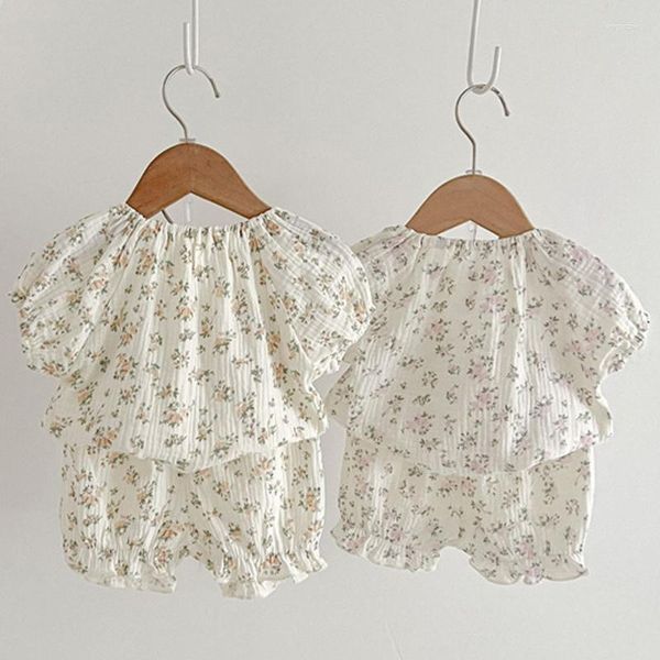 Conjuntos de roupas macias respiráveis para bebês meninas conjunto verão vintage floral bordado camisa de manga curta 2 peças roupas roupas infantis