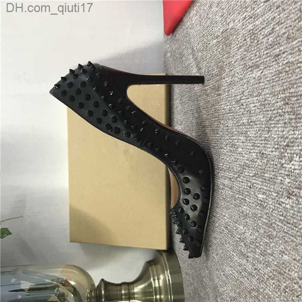 Vestido Sapatos Frete Grátis Nude Couro Envernizado Rebite Spikes Dedos Pontuados Sapatos de Salto Alto Mulheres Senhora Couro Genuíno Sapatos de Casamento Bombas Z230725