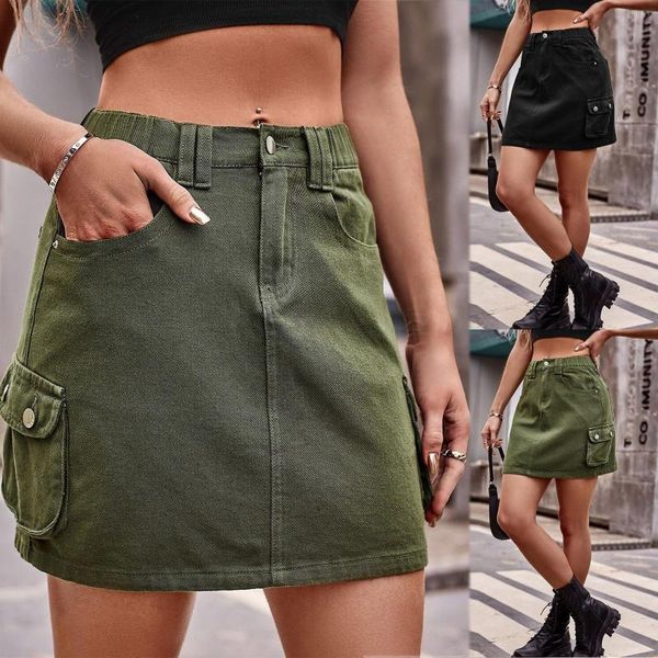 Saias Moda Feminina Casual Cor Sólida Jeans Lavado Cinto Multibolsos Macacão Shorts Saia Lazer Confortável Faldas