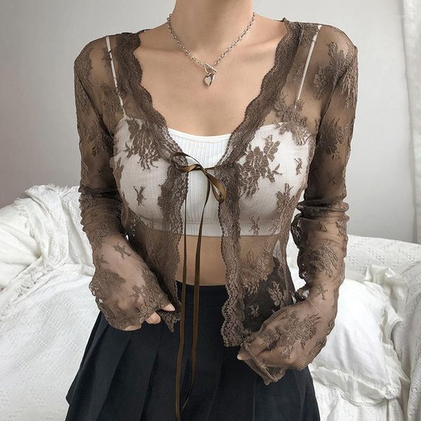 Maglioni da donna Vintage Lace Up Crop Top Streetwear Cardigan 2023 Women Sexy See Through Y2K Maglia a maniche lunghe