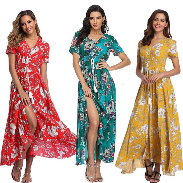 Vestidos casuais básicos Witbuy Boho estampa floral vestido Maxi verão feminino com rayon decote em V botão na cintura escovada mangas curtas adequado para mulheres 230724