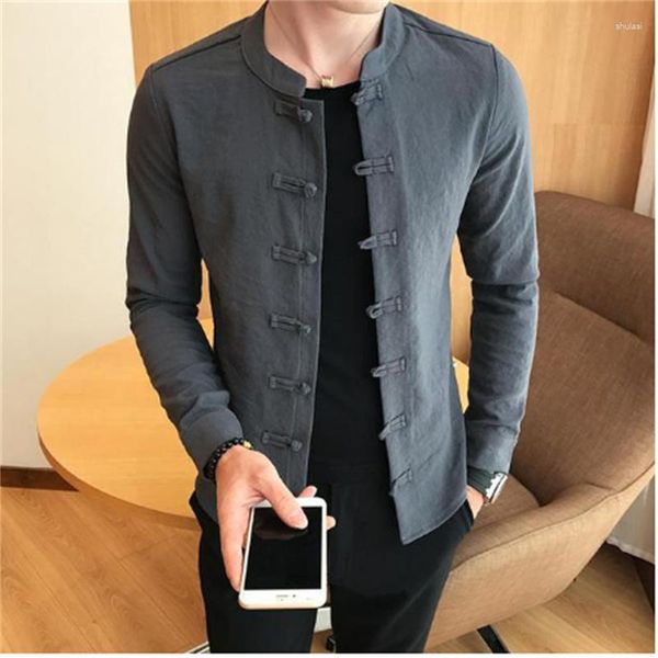 Мужские повседневные рубашки 2023 весна мужская рубашка китайская одежда в стиле Слим Fit Long Roolves Camisa Социальный офис носить мандаринский воротник