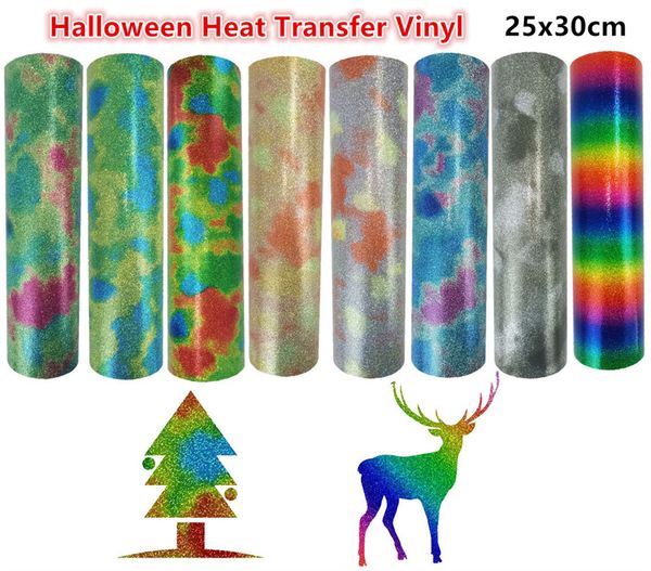 Halloween Trasferimento di calore Vinile Ferro su vinile HTV Glitter colorato HTV per magliette Vestiti Tessuto Nottilucente Forniture fai da te Foglio 25x30 cm Fai da te 8 fogli