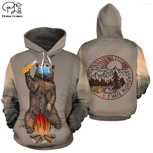 Moletom Masculino Animal 3D Impresso Urso Beer Camping Moletom Moletom Harajuku Outono Streetwear Feminino Masculino Agasalho Casual