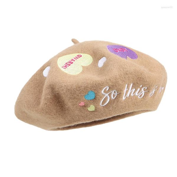 Boinas 90% Lã Kawaii Meninas Boina Rosa Bordado Feminino Roxo Y2K K- Gorros Chapéu Feltro Cogumelo Bonés Doce Lolita Pintor Bonnet