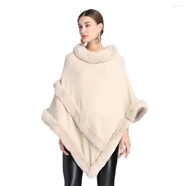 Sciarpe Cashmere Feel Poncho da donna Lady Rex Collo in pelliccia sintetica Pullover Cappotto Autunno Inverno Mantello caldo Scialle lavorato a maglia di lusso classico