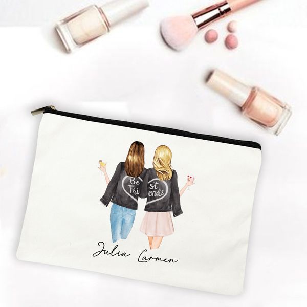 Best Friend Cartoon Girl Print Borse per il trucco Nome personalizzato personalizzato Pouch cosmetico Organizer da toilette da viaggio Regali per amico