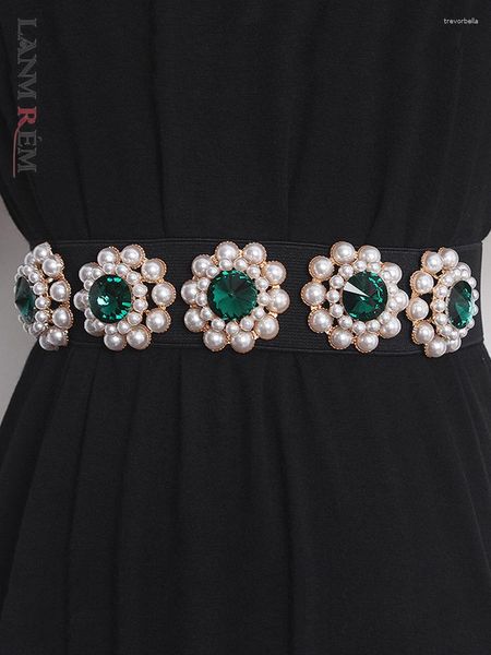 Cintos LANMREM Cinto de diamante cravejado de pérolas feito à mão para mulheres cintura elástica alta Designer Tide Fashion 2023 Summer 2YA3245