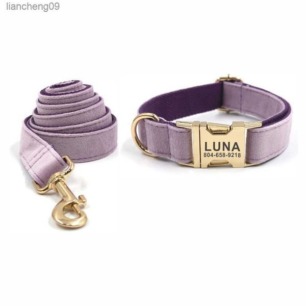 Collare per cani personalizzato Collare per animali personalizzato Incisione gratuita ID Nome Tag Accessorio per animali domestici dorato Collare per cuccioli di velluto viola Guinzaglio L230620