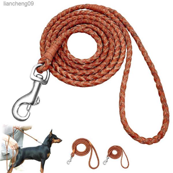 Trela para cães enrolada redonda em couro trançado com chumbo para cães pequenos e médios, caminhada, corrida, treinamento, coleira L230620