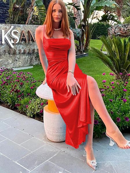 Sıradan Elbiseler Avrilyaan Saten Pileli Spagetti Strap Sırtsız Seksi Elbise Kadınlar Zarif Gece Partisi Bodycon Uzun Yaz Vestidos