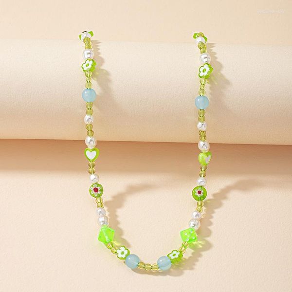 Ketten Halsband Grün Perlen Schlüsselbein Kette Nische Design Sinn Candy Farbe Liebe Glas Blume Halskette Großhandel H32