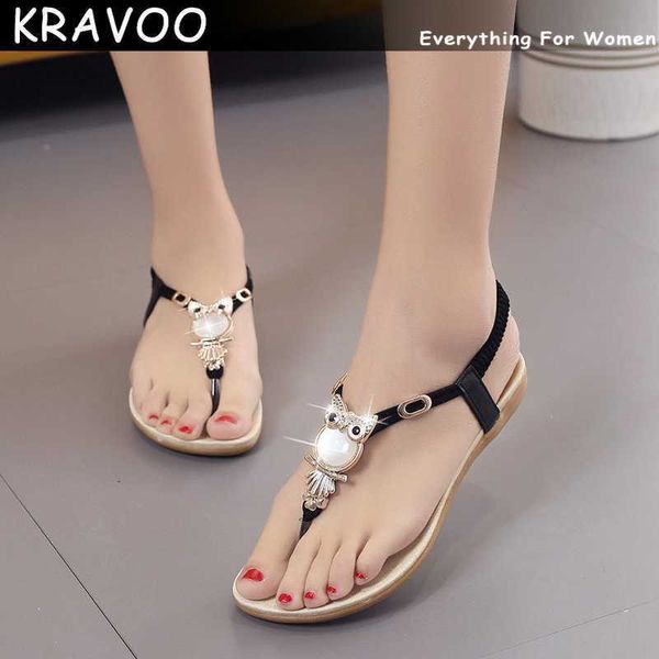 Hausschuhe KRAVOO Frauen Schuhe Böhmische Eule Perlen frauen Sandalen Flip-Flops Weibliche Hausschuhe Gummiband Flache frauen Sandale Sommer 2023 L230725