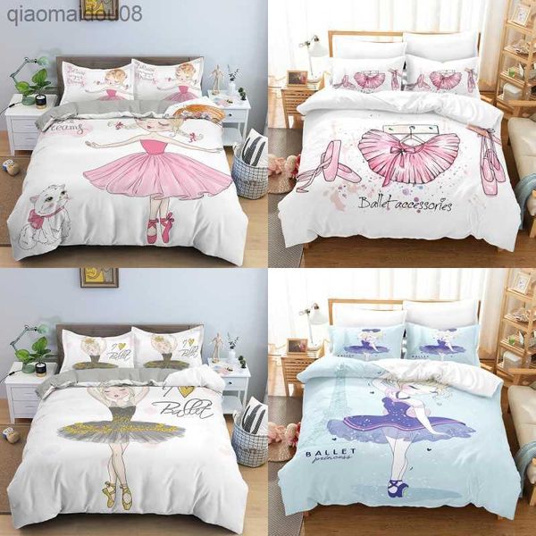 Cartoon Ballet Dancing Girl Stampa Set di biancheria da letto in poliestere Bambino Bambini Copertine Ragazzi Biancheria da letto Set per adolescenti Set di biancheria da letto king size L230704