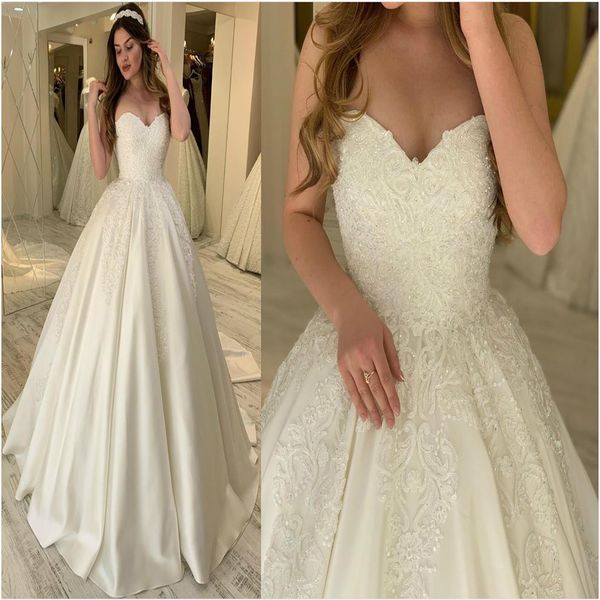 2020 Arabisch Aso Ebi Einfache Spitze Perlenbesetzte Brautkleider Schatz Satin Elegante Brautkleider Günstige Brautkleider ZJ207271V