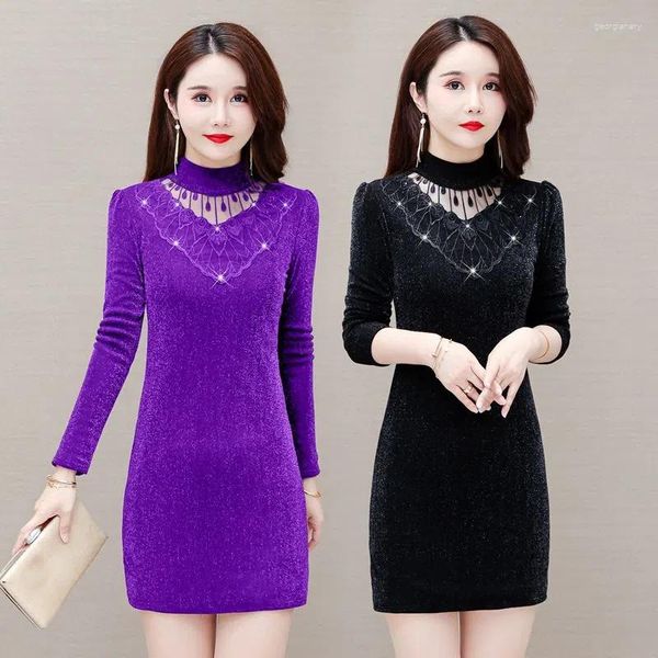 Vestidos Casuais Outono Inverno Moda Feminina Elegante Pulôver Tops Mid-Long Preto Roxo Fundo Camisa Manga Veludo Vestido Quente