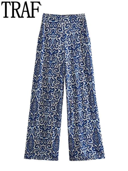 Calça Feminina Capris TRAF Estampa Azul Calças Pernas Largas Calças Femininas de Cintura Alta Calças Femininas Casuais Calças Largas Moda Feminina Conjunto de Calças Femininas Verão 230726