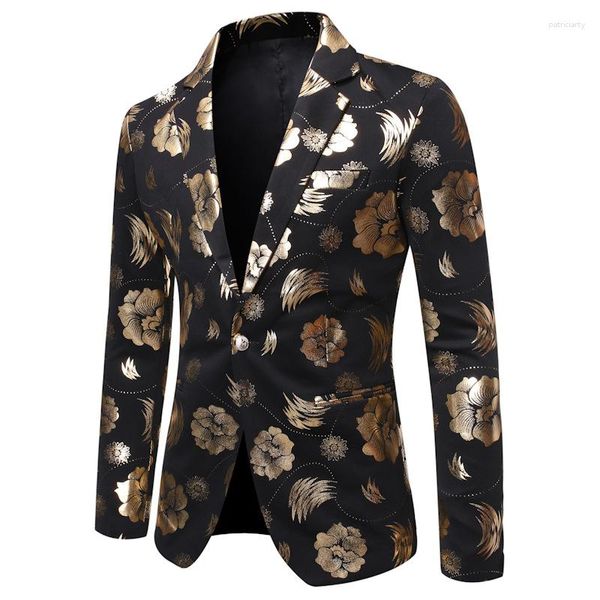 Ternos masculinos dourado/prateado com estampa floral masculina, blazers casuais, botão único, 2023, lapela entalhada, fino, jaqueta estilo coreano