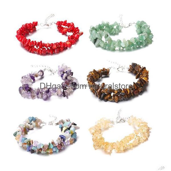 Charm Bracelets Double Layers 7 Chakra Natural Stone Crystal Crushed With Steel Chain Irregar Chips Bracelet For Women Tiger Dhcru