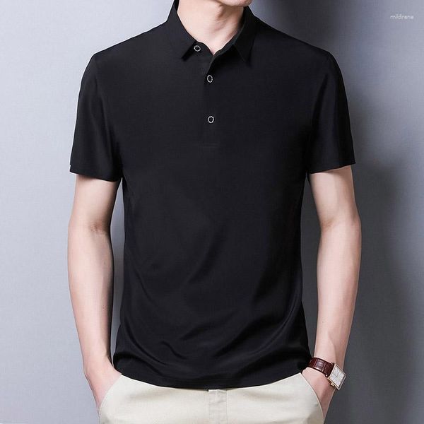 Camisetas masculinas High-end Mulberry Silk T-shirt Summer Short Sleeved Color Solid Color Polo Smooth Feeling Real Bottoming