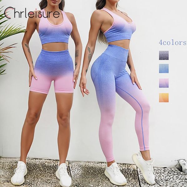 Outfit Chrleisure Yoga-Set, hohe Taille, Leggings, nahtlose Oberteile, Workout, Sportbekleidung, Fiess Gradient Purple Yoga-Hose, Damen-Trainingsanzug