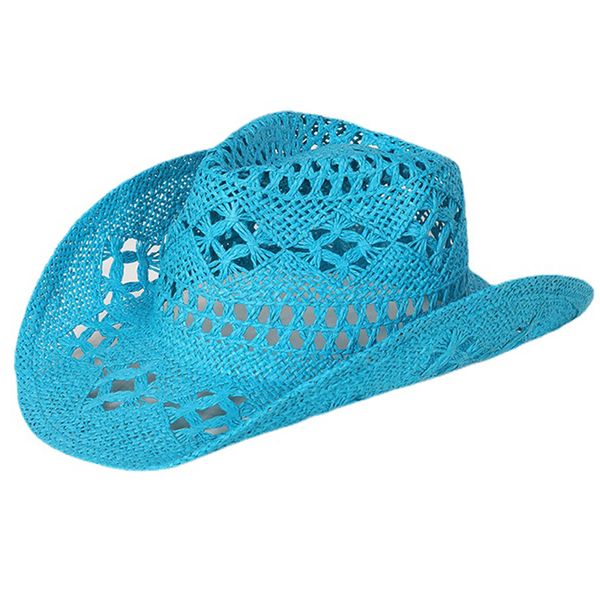 Chapéu de cowboy de palha ocidental lago azul rosa quente Fedoras homens mulheres tecido à mão oco chapéu de sol de verão Sombreros Vaqueros