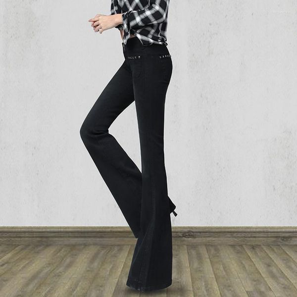 Kadın Kot Marka Marka Kadınları Vintage Katı Denim Geniş Bacak Pantolonları Kadın Zarif İnce Uygun Siyah Parlama Pantolonları Artı Boyut 25-32
