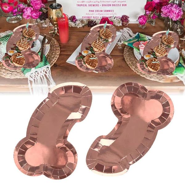 Nuovo 8pcs Rose Gold Penis Paper Plate Forniture per feste di addio al nubilato Sposa per essere Addio al nubilato Decorazione per feste Vassoio per alimenti Regalo per addio al nubilato all'ingrosso