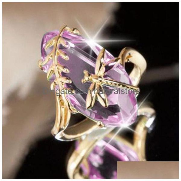 Cluster Rings Green Pink Crystal Dragonfly Women Gold Ring Fashion Jewelry Gift Will And Sandy Drop Delivery Dhs3H