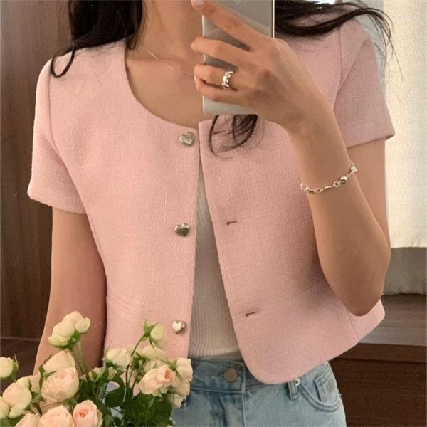 Jaquetas femininas corte rosa casaco sob medida temperamento tweed cardigan botão amor para mulheres verão 2023 casacos estilo coreano Ropa Mujer