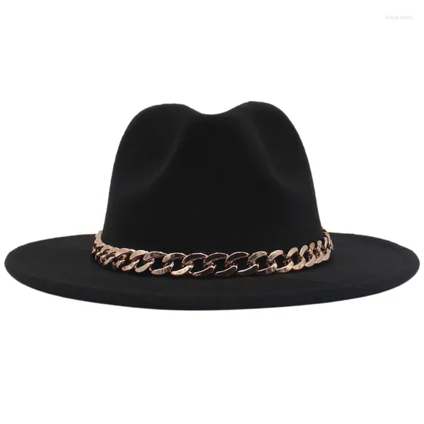 Boinas clássicas pretas abas largas chapéus femininos com corrente de metal fedoras imitação de lã chapéu masculino retrô de luxo banda de ouro grosso jazz