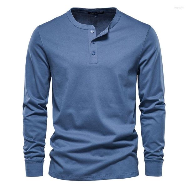 Magliette da uomo 2023 Camicia con colletto Henley Uomo Casual Tinta unita Manica lunga per autunno Uomo in cotone di alta qualità