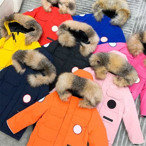 Crianças meninas meninos moda impermeável moda ganso para baixo puffer casacos de pele de raposa de prata com capuz puffer down coat designer crianças roupas júnior