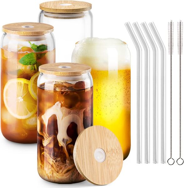 Canecas de cerveja de vidro borosilicato de 16 onças com tampas de bambu Copos de vidro não sublimáveis em forma de lata de cerveja transparente Frasco de vidro Copos para beber com canudo de vidro reutilizável