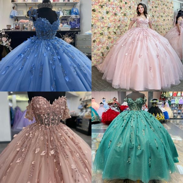 Glitter Tulle Quinceanera Elbise 2024 Pullar Charro Mexican Quince Tatlı 15/16 Doğum Günü Partisi 15. Kız Prom Gala Vestido De 15 Anos Korsa Gök Mavisi Yeşil Pembe