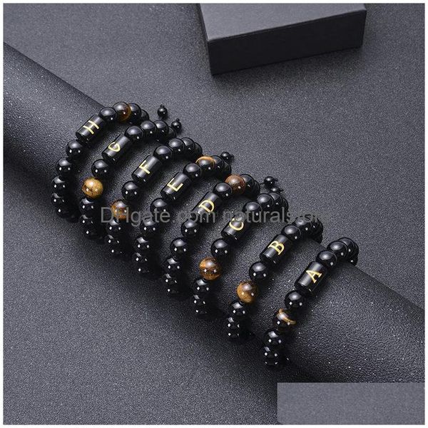 Pulseira com miçangas A-Z letra inglesa 10 mm pedra natural olho de tigre preto ágata com miçangas iniciais tecidas pulseiras ajustáveis pulseira com punho feminino Dhuo5