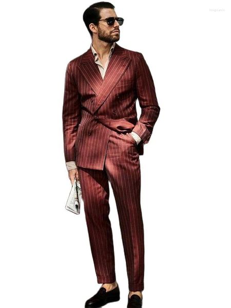 Ternos masculinos calças masculinas vermelhas listradas blazer ajuste fino casamento noivo smoking baile de formatura (calças de jaqueta) 2 peças traje homme ternos